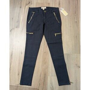NWT Michael Kors Size 2 Moto Pants Navy Blue Gold Zippers Stretch Designer Chic